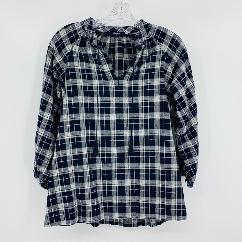Madewell Camelia Long Sleeve Tunic Top Cotton Linen Blue Plaid Size XS